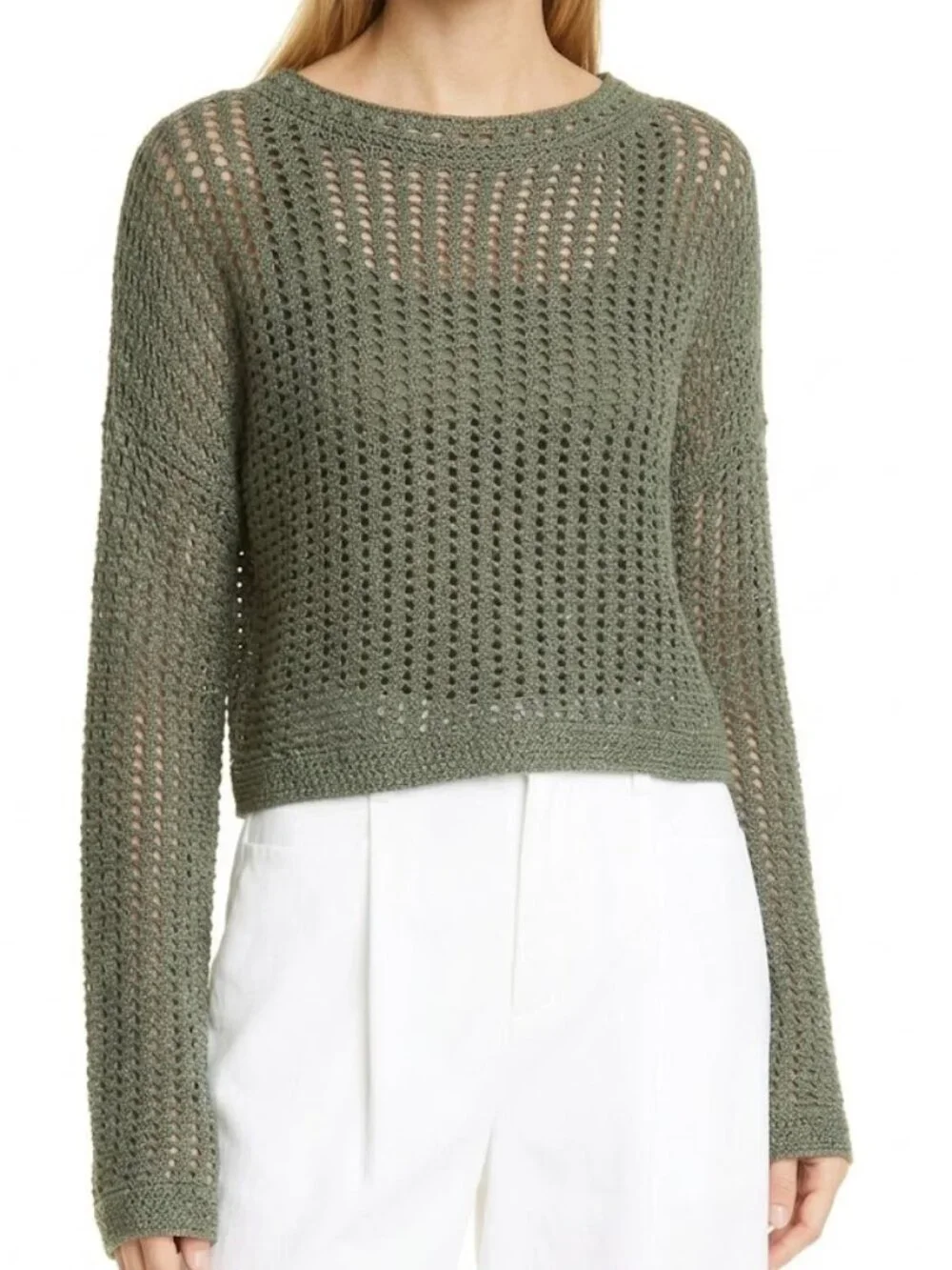VINCE Crochet Cotton Crewneck Sweater Sea Fern Size L NWT $348
